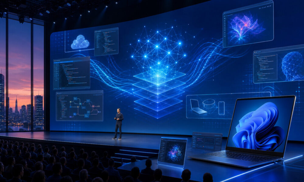 Create a polished editorial tech illustration of a major Microsoft developer conference keynote stage at dusk, with a large futuristic presentation screen glowing in blue and teal, abstract AI model visuals, neural network lines, and subtle cloud-to-device computing motifs. Show a sleek Windows 11 laptop, developer tools and code-like interface panels floating around the scene, plus hints of enterprise AI and image generation through luminous geometric shapes and digital imagery. Include a sense of anticipation, corporate innovation, and a strategic reset around AI and Windows, with a clean modern conference hall, dramatic lighting, and a premium high-tech atmosphere. No readable text, no logos, no branding, no watermarks.